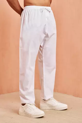Men white cotton pyjama - solid pattern drawstring elastic waist festive ethnic wear