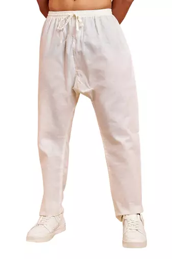 Men cream cotton pyjama - drawstring elastic waist aligarh style ethnic wear