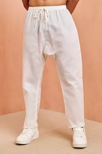 Men cream cotton pyjama - drawstring elastic waist aligarh style ethnic wear