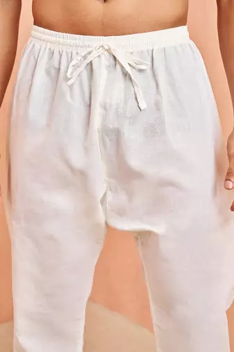 Men cream cotton pyjama - drawstring elastic waist aligarh style ethnic wear