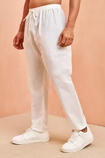 Men cream cotton pyjama - drawstring elastic waist aligarh style ethnic wear