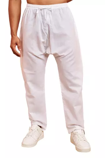 Men white cotton pyjama - drawstring elastic waist aligarh style ethnic wear