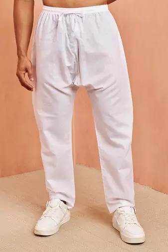 Men white cotton pyjama - drawstring elastic waist aligarh style ethnic wear