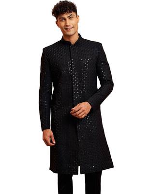 Men black rayon sherwani - sequin embroidery mandarin collar festive wedding wear 1