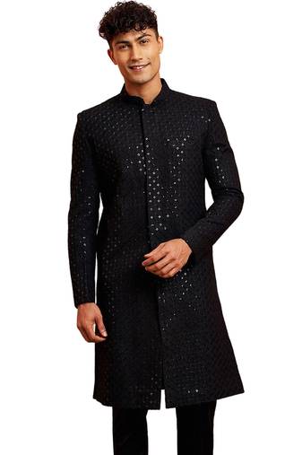 Men black rayon sherwani - sequin embroidery mandarin collar festive wedding wear