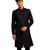 Men black rayon sherwani - sequin embroidery mandarin collar festive wedding wear