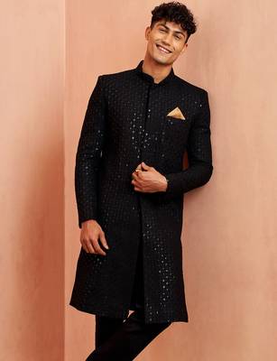 Men black rayon sherwani - sequin embroidery mandarin collar festive wedding wear 2