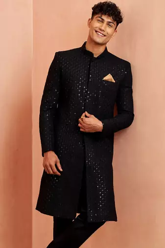 Men black rayon sherwani - sequin embroidery mandarin collar festive wedding wear