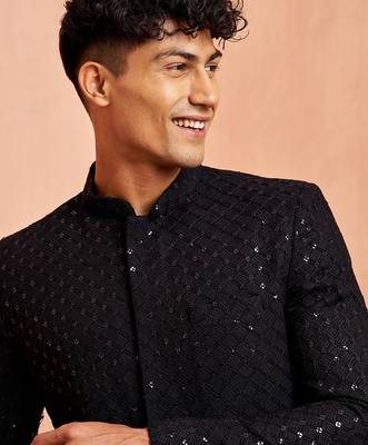 Men black rayon sherwani - sequin embroidery mandarin collar festive wedding wear 3