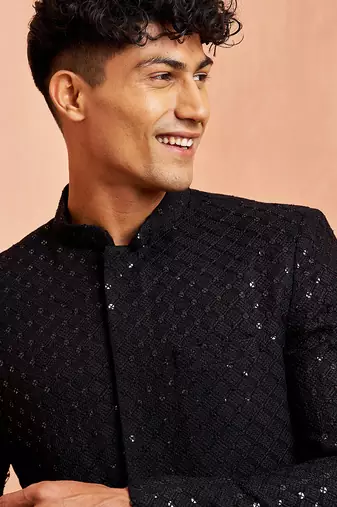 Men black rayon sherwani - sequin embroidery mandarin collar festive wedding wear