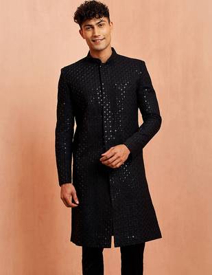 Men black rayon sherwani - sequin embroidery mandarin collar festive wedding wear 4
