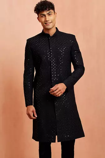 Men black rayon sherwani - sequin embroidery mandarin collar festive wedding wear
