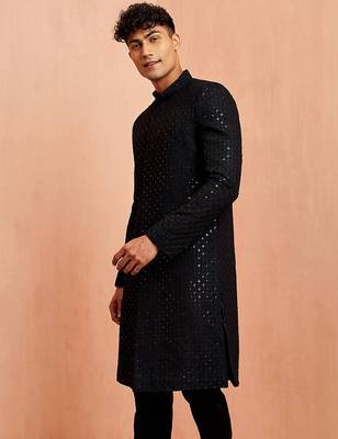 Men black rayon sherwani - sequin embroidery mandarin collar festive wedding wear 5