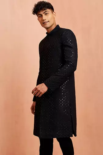 Men black rayon sherwani - sequin embroidery mandarin collar festive wedding wear