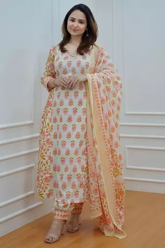 Floral White Yellow Cotton Elegant Block Print Kurti with Afghani Pant Dupatta