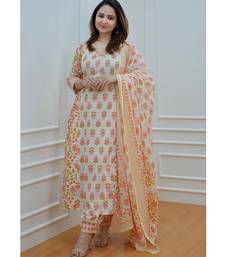 Floral White Yellow Cotton Elegant Block Print Kurti with Afghani Pant Dupatta