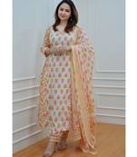 Floral White Yellow Cotton Elegant Block Print Kurti with Afghani Pant Dupatta