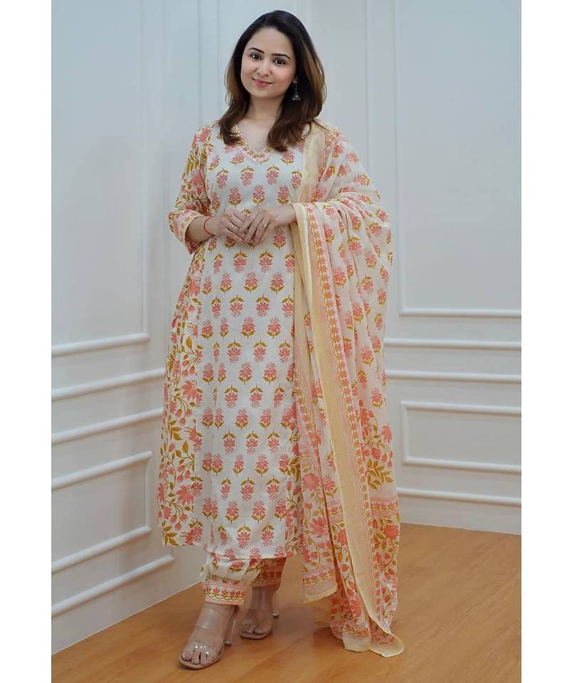 Floral White Yellow Cotton Elegant Block Print Kurti with Afghani Pant Dupatta