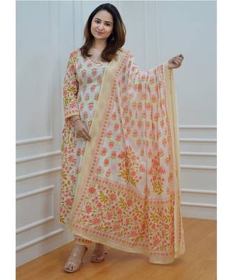 Floral White Yellow Cotton Elegant Block Print Kurti with Afghani Pant Dupatta 2