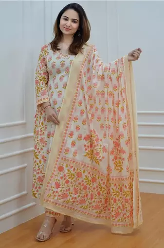 Floral White Yellow Cotton Elegant Block Print Kurti with Afghani Pant Dupatta