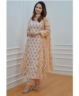 Floral White Yellow Cotton Elegant Block Print Kurti with Afghani Pant Dupatta 3
