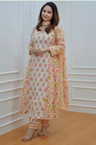Floral White Yellow Cotton Elegant Block Print Kurti with Afghani Pant Dupatta
