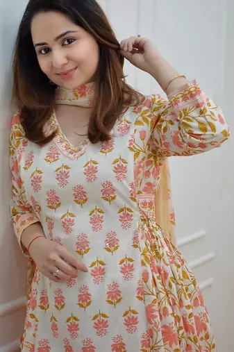 Floral White Yellow Cotton Elegant Block Print Kurti with Afghani Pant Dupatta