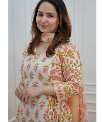 Floral White Yellow Cotton Elegant Block Print Kurti with Afghani Pant Dupatta 5