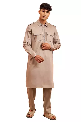 Men grey fine satin kurta pyjama set - shirt collar button placket casual party wear