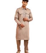 Men grey fine satin kurta pyjama set - shirt collar button placket casual party wear