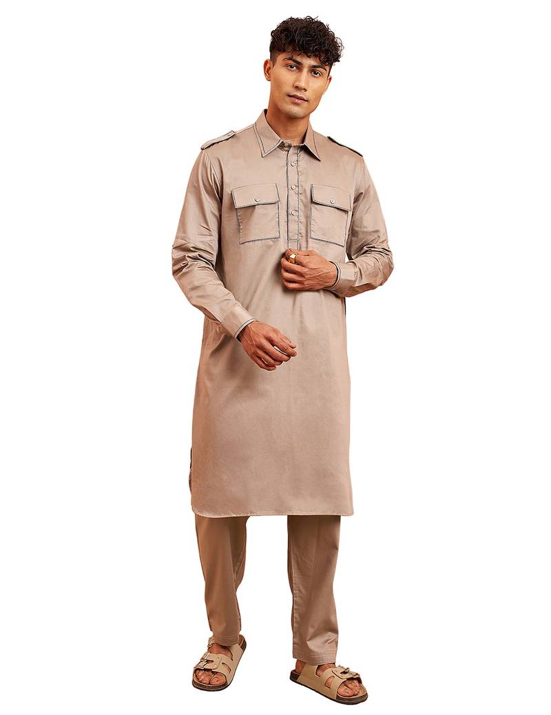 Men grey fine satin kurta pyjama set - shirt collar button placket casual party wear