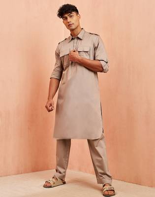 Men grey fine satin kurta pyjama set - shirt collar button placket casual party wear 2
