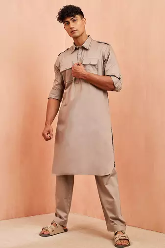 Men grey fine satin kurta pyjama set - shirt collar button placket casual party wear