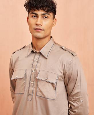 Men grey fine satin kurta pyjama set - shirt collar button placket casual party wear 3