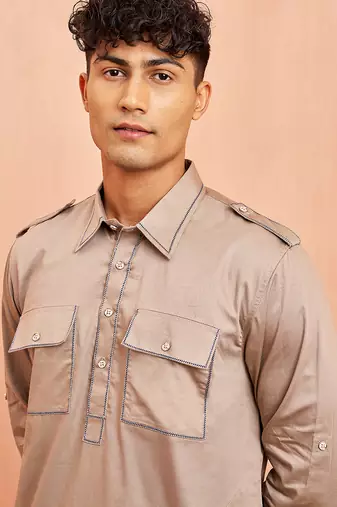Men grey fine satin kurta pyjama set - shirt collar button placket casual party wear