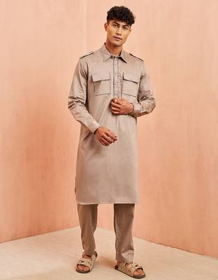 Men grey fine satin kurta pyjama set - shirt collar button placket casual party wear 4