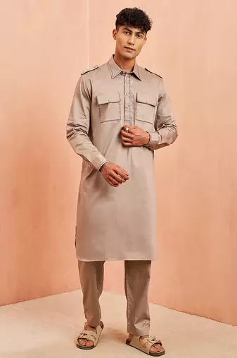 Men grey fine satin kurta pyjama set - shirt collar button placket casual party wear