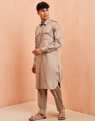 Men grey fine satin kurta pyjama set - shirt collar button placket casual party wear 5