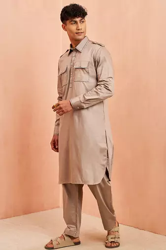 Men grey fine satin kurta pyjama set - shirt collar button placket casual party wear