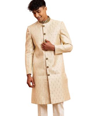 Men cream silk sherwani - maroon motif mandarin collar cutdana work wedding 1