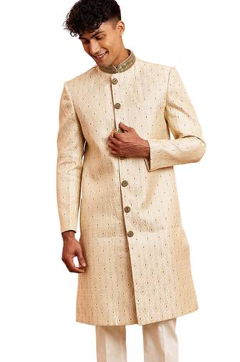 Men cream silk sherwani - maroon motif mandarin collar cutdana work wedding