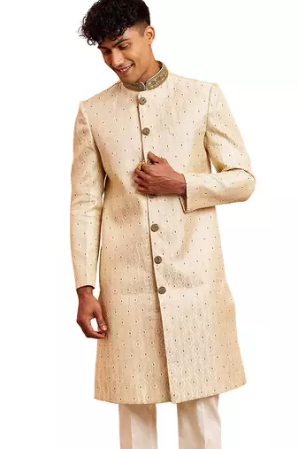 Men cream silk sherwani - maroon motif mandarin collar cutdana work wedding