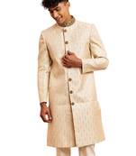 Men cream silk sherwani - maroon motif mandarin collar cutdana work wedding