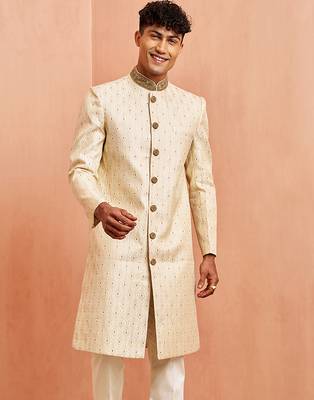 Men cream silk sherwani - maroon motif mandarin collar cutdana work wedding 2