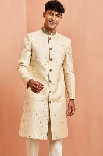 Men cream silk sherwani - maroon motif mandarin collar cutdana work wedding