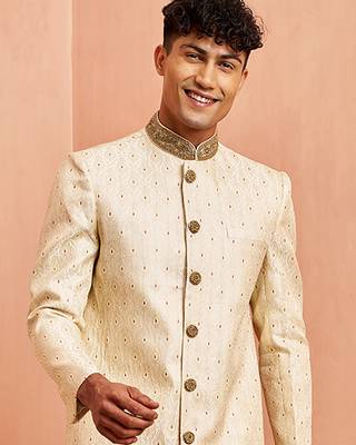 Men cream silk sherwani - maroon motif mandarin collar cutdana work wedding 3