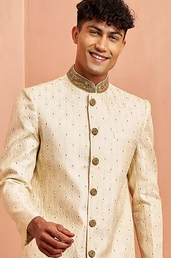 Men cream silk sherwani - maroon motif mandarin collar cutdana work wedding