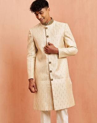 Men cream silk sherwani - maroon motif mandarin collar cutdana work wedding 4