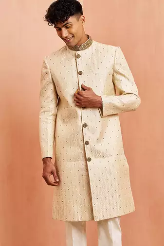 Men cream silk sherwani - maroon motif mandarin collar cutdana work wedding