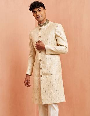 Men cream silk sherwani - maroon motif mandarin collar cutdana work wedding 5